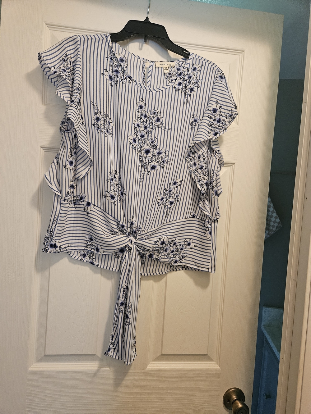 Monteau Blue & White Striped Floral Tie-Front Blouse